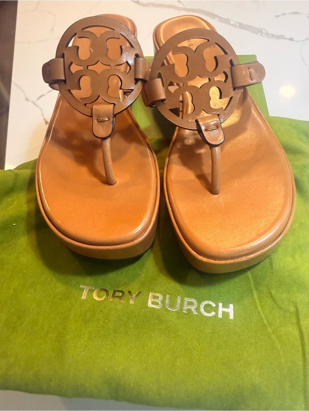 Brand New Tory Burch Tan Leather Miller Platform Thong Sandals